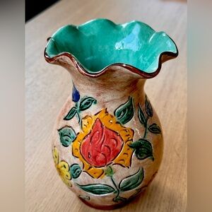 Antique French Pottery signed Monaco Fait Main Vase fluted, floral hand-painted.